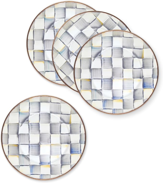 MACKENZIE-CHILDS Enamel Salad and Dessert Plate Small Plate for a Dessert or Appetizer Dish 8 Inches Set of 4 Gray-and-White Sterling Check