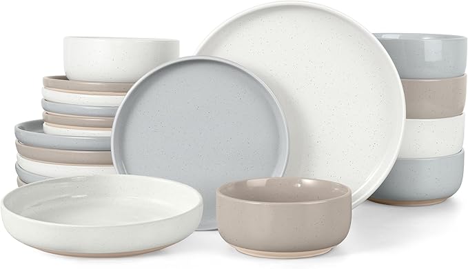 LIANYU 24 Pieces Dinnerware Sets with Pasta Bowls for 6 Stoneware Plates and Bowls Dish Set Ceramic Dinner Set for Salad Cereal Dinner Microwave &amp Dishwasher Safe Three-color