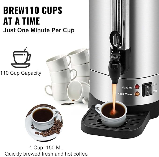 Coffee Urn 110 Cup Stainless Steel Coffee Dispenser Fast Brew Commercial Coffee Maker for Large Groups Keep Warm Function