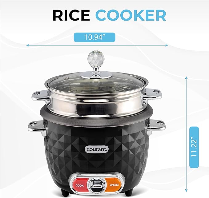 Courant 10-Cup (Cooked) / 5-Cup Uncooked Rice Cooker and Steamer with One-Touch Operation Automatic Keep Warm Function and Chrome Accents Black