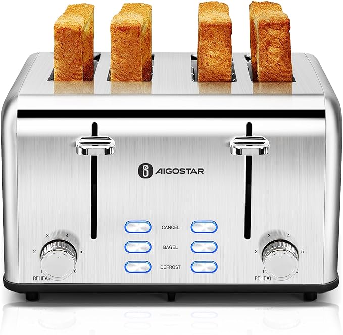 Aigostar Toaster 4 Slice 1.6 Wide Slot Stainless Steel Toasters with Bagel Reheat Cancel Defrost Function 6 Shade Settings Removable Crumb Tray 1550W Best Rated Prime 4 Slice Toasters
