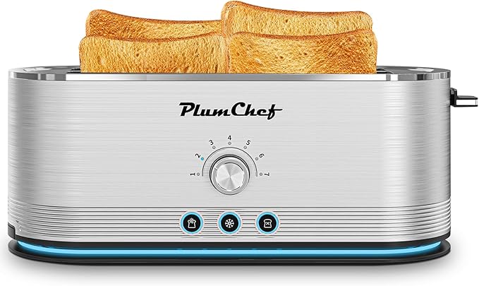 Toaster 4 Slice 7 Browning Settings Defrost/Reheat Functions Removable Crumb Tray Full Body Stainless Steel Housing 1350W Anti-Fingerprint and Anti-Jam Toasters for Bagels and Toast Silver