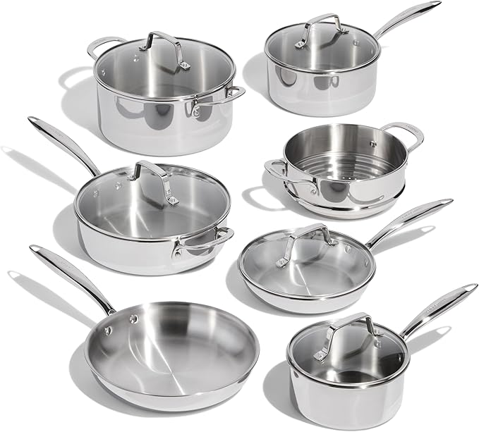 Lagostina 3 Ply Clad 12-pc Cookware Set  Stainless Steel Pots and Pans stay-cool cast stainless steel handles tempered glass lids Induction safe Oven Safe 500°F without the lids