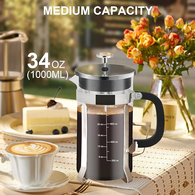 French Press Coffee Maker34oz 304 Stainless Steel with 2 Filter Heat Resistant Durable Easy to Clean Borosilicate Glass Press BPA Free Glass TeaPot-34 Ounce 1 Liter (Chrome)