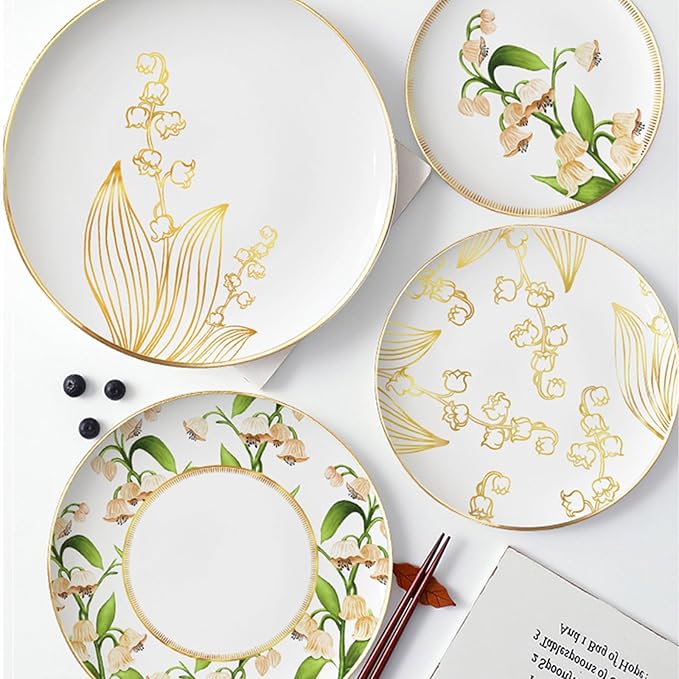 Romantic Bone China Dinnerware Sets Service for 6Delicate afternoon tea Dinnerware SetSteak Dinner Plates Dish Set Includes coffee cupIntegrates the nature lily of the valley