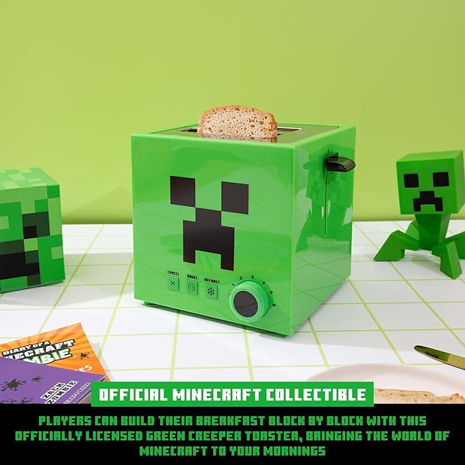 Minecraft Green Creeper 2-Slice Toaster For Bagels Waffles and Breads | Features 6 Settings With Defrost Option | Imprints Creeper Symbol On Bread