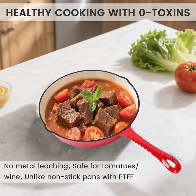 Hisencn Enameled Cast Iron Frying Pan Set 3 Piece Set of 8''/9.5''/11'' Skillets PFAS &amp PTFE &amp PFOA Free Gas/Induction/Electric/Oven Compatible Rouge Red