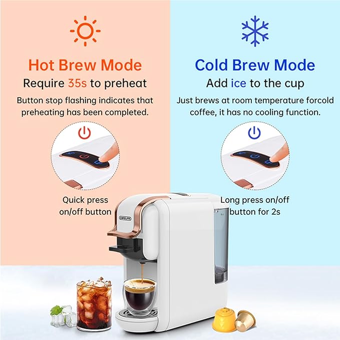 Tissting 4 in 1 Pod Coffee Maker 19Bar Pressure &amp 92℃ Constant Temperature - Fast 20s Brew for Hot Cold Coffee Programmable Single Double Serve 600ml Capacity with Auto Shutoff (US plug)