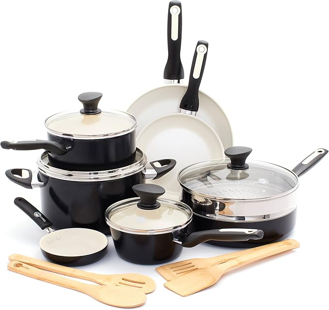 GreenPan Rio Healthy Ceramic Nonstick 16 Piece Cookware Pots and Pans Set PFAS-Free &amp Rio Healthy Ceramic Nonstick 8 and 10 Frying Pan Skillet Set PFAS-Free Dishwasher Safe Black