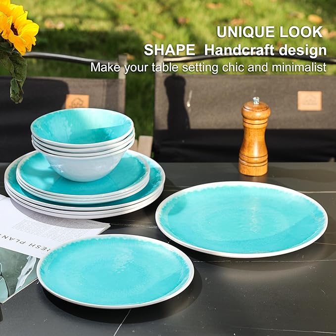Melamine Dinnerware Sets 12 Pcs Melamine Plates and BowlsParty Plates and Bowls Sets Camping Dishes Set for 4 Unbreakable BPA Free Dishwasher Safe （Lake Green）