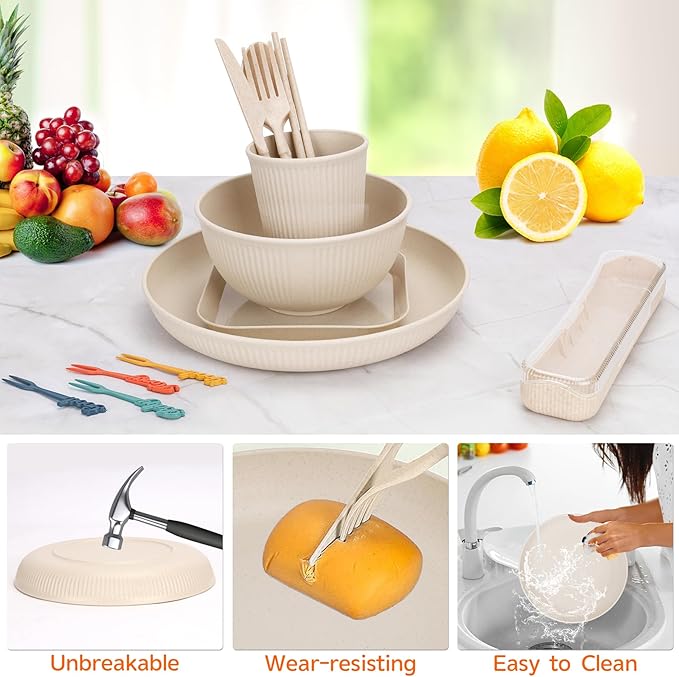 48 Pcs Dinnerware Sets Unbreakable Plates and Bowls Sets Reusable Dinnerware Sets for 4 People Travel Camping Picnic Home Party Cutlery Set Dishwasher Microwave Safe Dishes