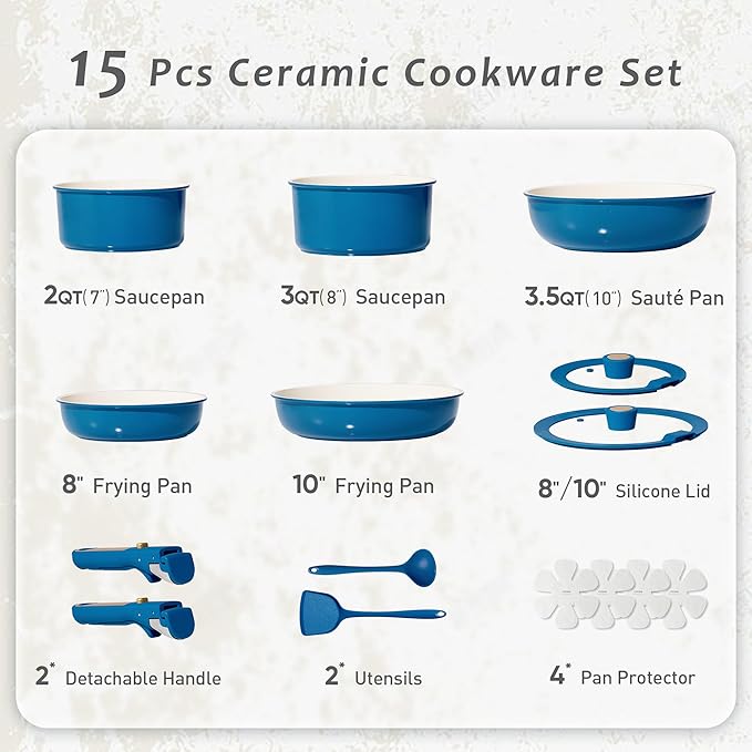 CAROTE 15Pcs Ceramic Cookware Set Pots and Pans Set Non stick Non Toxic Cookware Detachable Handle Induction Cookware Dishwasher/Oven Safe RV/Camping PFAS Free Blue&ampGold