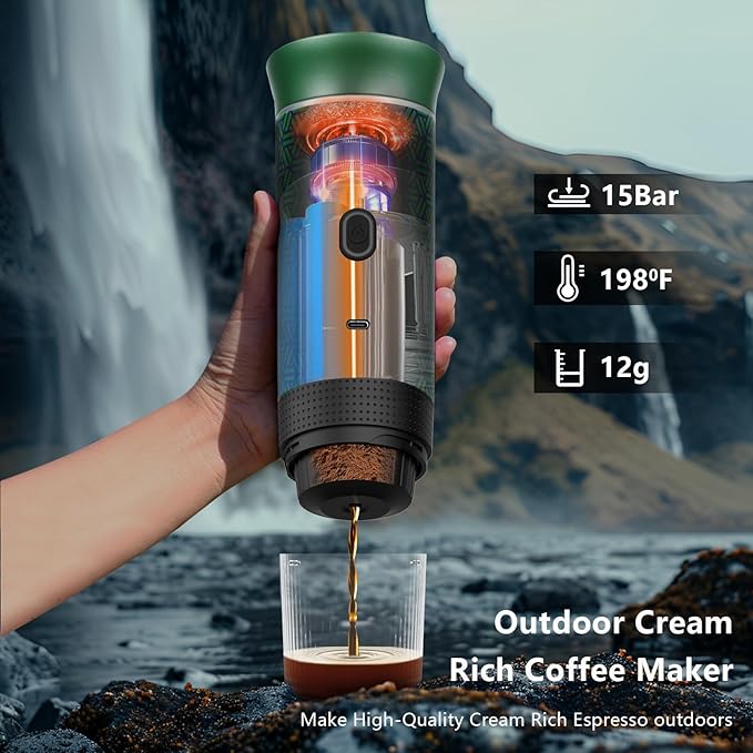 Coffee Maker Gift Set for CampingBattery Powered Portable Electric Espresso Machine Rechargeable Coffee Maker Self Heating Ground Coffee Capsule for RV Hiking (Green mix Black)