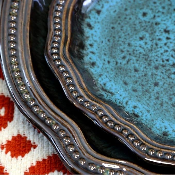 16 Piece Casual Coastal Themed All Seasons Durable Stoneware Blue Dinnerware Set Dishwasher Safe Exotic Look Vibrant Colors Round Dinner Plates Salad Plates Cereals Bowls Tea Mugsdinnerware Set for 4