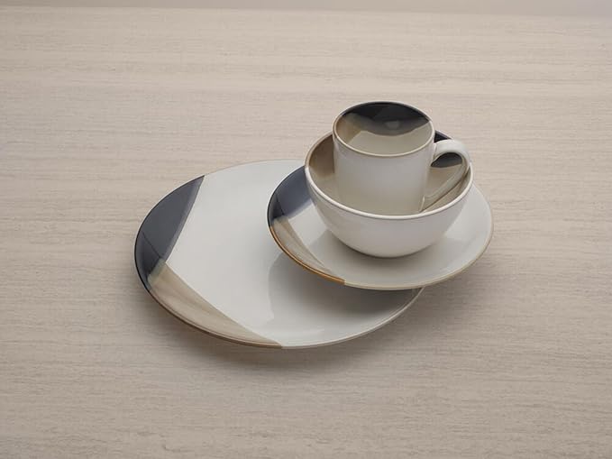 Gourmet Basics by Mikasa Caden 16-Piece Stoneware Dinnerware Set — Service for 4 Reactive Glaze Black/Tan &amp White Finish Microwave &amp Dishwasher Safe Everyday &amp Formal Use