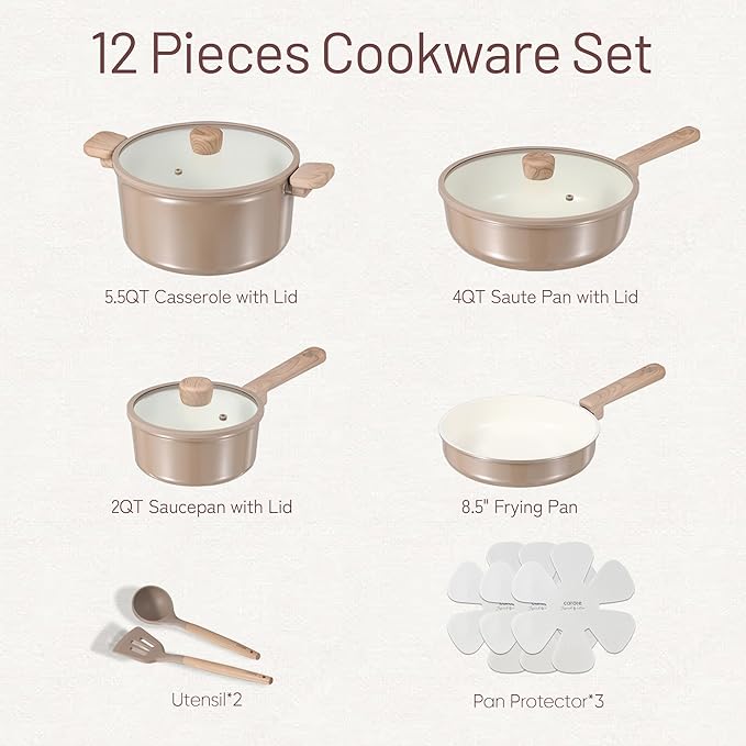 CAROTE 12Pcs Ceramic Pots and Pans Set Non Stick Healthy Cookware Set PFAS/PFOA Free Kitchen Cooking Set with Frying Pans Taupe
