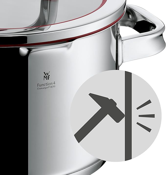 WMF cookware Ø 16 cm approx. 19l Function 4 Inside scaling lid - pour off or decant liquids without spilling to keep your dishes and cooker clean. Made in Germany hollow side handles glass lid Cromar