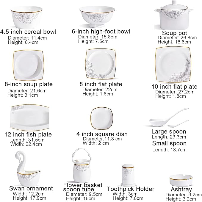 50 Pieces Square Dinner Set for 10 PeoplePorcelain Kitchen White Bone China Dinning Dinnerware Combination Set with Cereal Bowls Dessert Plates Dishes and Soup Pot Microwave and