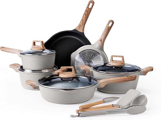 Country Kitchen Pots and Pans Set Nonstick Cast Aluminum Kitchen Cookware Set with Utensils 14 Pcs Non Stick Cooking Set w/Frying Pans &amp Saucepans Grey