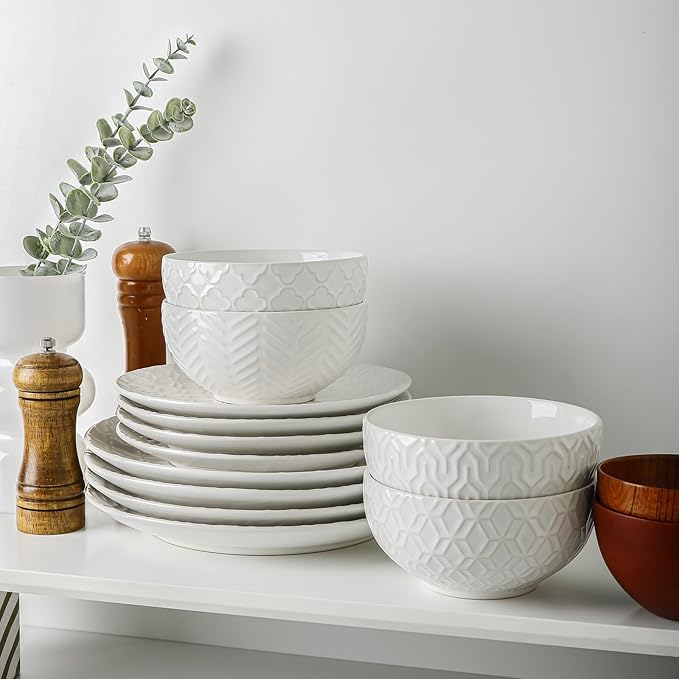 Sureasy Soup Bowls with Handles Set of 4 + Dinnerware Sets 12 Piece White