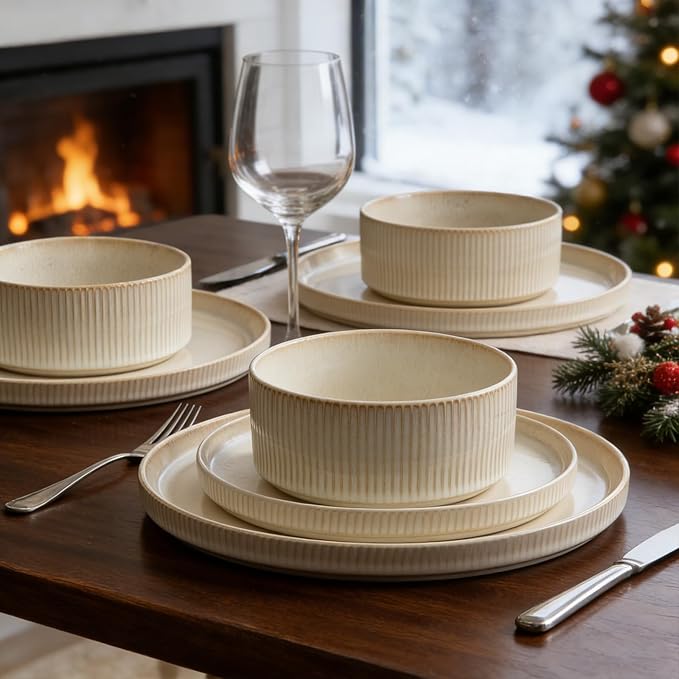 Stoneware Dinnerware Sets Plates and Bowls Sets for 4 12-Piece Ribbed Dishes – Chip &amp Scratch Resistant Microwave and Dishwasher Safe Tableware Beige