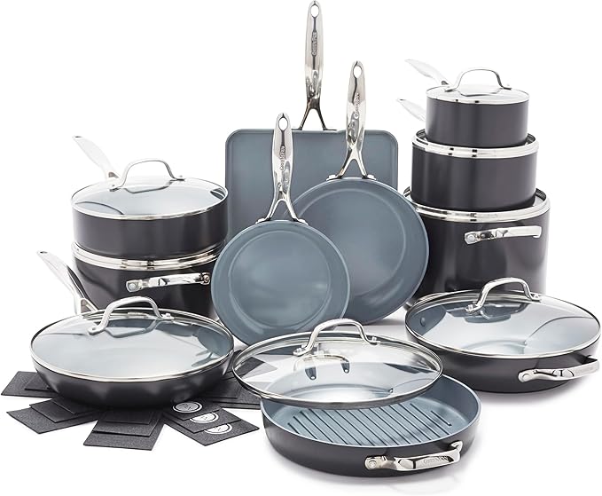 GreenPan Valencia Pro Ceramic Nonstick 22 Piece Cookware Set Hard Anodized PFAS-Free Pots &amp Pans Induction Ready Compatible on All Cooktops Dishwasher Safe Oven Safe to 600F Gray