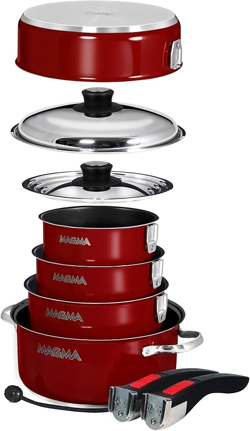 Magma 10 Piece Gourmet Nesting Stainless Steel Cookware Set with Ceramica Non-Stick Induction Compatible Oven Safe to 500°F - Suitable for All Stovetops Removable Handles Red