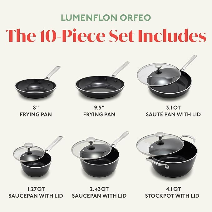 Orfeo 10 Piece Nonstick Cookware Set Made in Italy Diamond Ceramic PFAS-Free Pots &amp Pans Induction Ready Scratch Resistant Laser-Fused Surface for Durability Dishwasher Safe Black