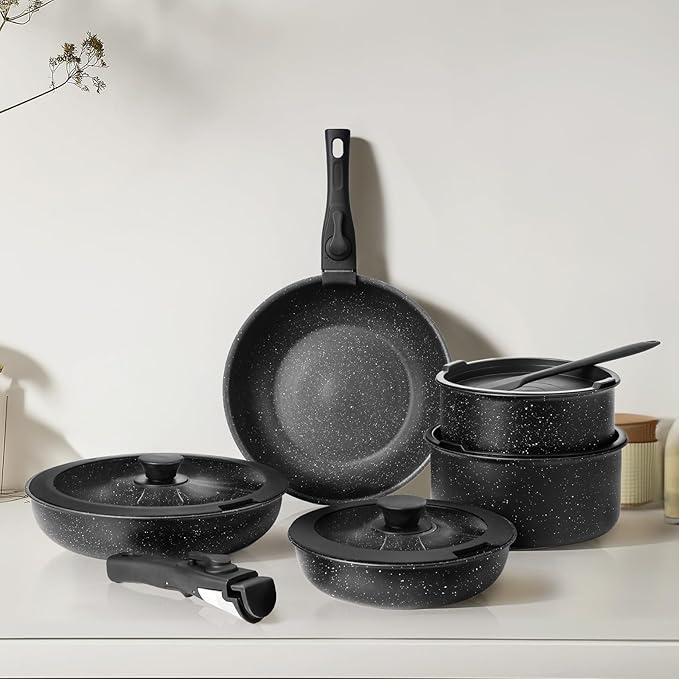 Hexago 12-Piece Black Granite Non-Stick Cookware Set with Detachable Handles – All-in-One Healthy Non-Toxic Pots and Pans for All Stovetops Dishwasher-Safe