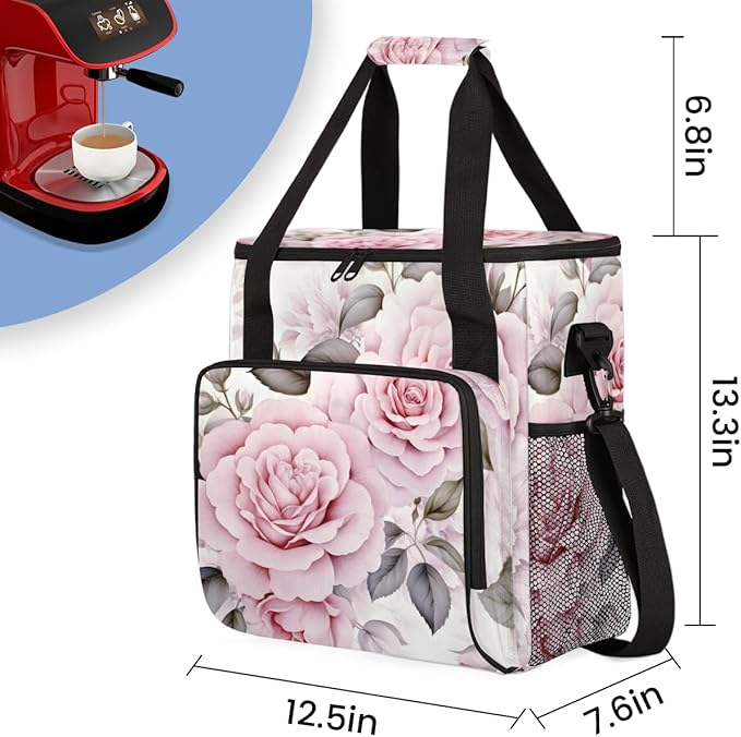 Pink Flower Travel Coffee Maker Carrying Bag Pink Floral Large Organizer Storage Tote Bag Insulated Reusable Cooler Lunch Bags