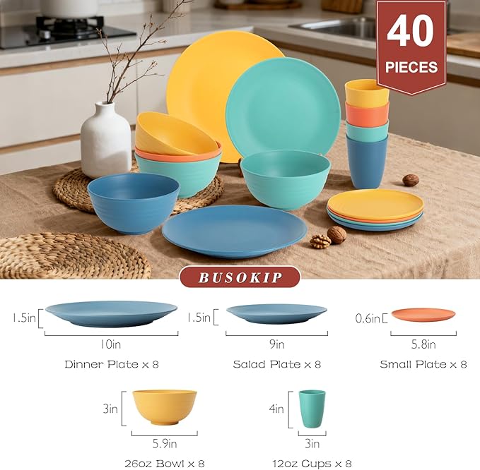 Wheat Straw Dinnerware Sets 40 PCS| Plates and Bowls Sets for 8 Unbreakable Dinner Plate Dessert Plates Cereal Bowl Drinking Cups Microwave Safe Dishes Set for Kitchen Outdoor - Multi