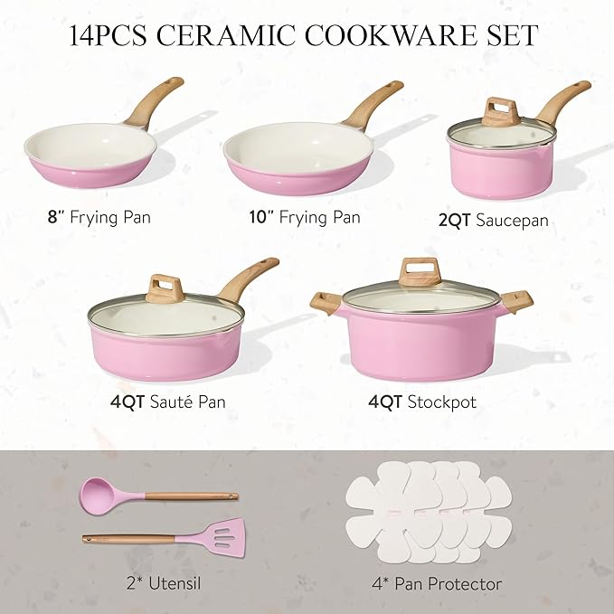 CAROTE Ceramic Cookware Set 14 PCS Pots and Pans Set Non Stick Pot and Pan Set with Frying pan Induction Ready Cooking Set for Kitchen PFOS/PFOA/PFAS Free Pink