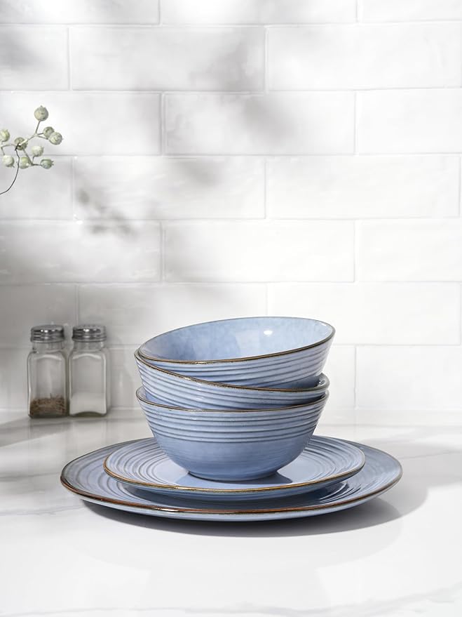 Famiware Plates and Bowls Sets 24-Piece Stoneware Dinnerware Sets Dishes Set for 8 Hand-made Reactive Glaze Dish Set Twilight Series Blue