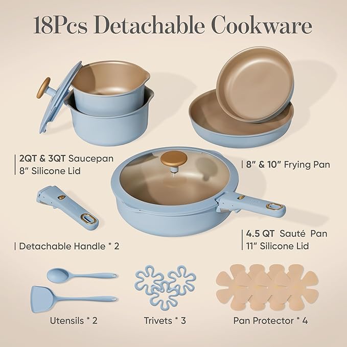 CAROTE 18Pcs Titanium Reinforced Nonstick Pots and Pans Set Nonstick Cookware Set with Detachable Handle Induction Kitchen Cookware Sets Removable Handles Dishwasher Safe Oven Safe Blue