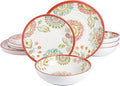 12-Piece Melamine Dinnerware Set – Ripple Edge Floral Design in Brick Red Lightweight &amp Chip-Resistant Plates and Bowls Dishwasher Safe Service for 4