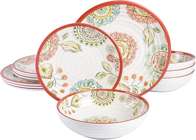 12-Piece Melamine Dinnerware Set – Ripple Edge Floral Design in Brick Red Lightweight &amp Chip-Resistant Plates and Bowls Dishwasher Safe Service for 4
