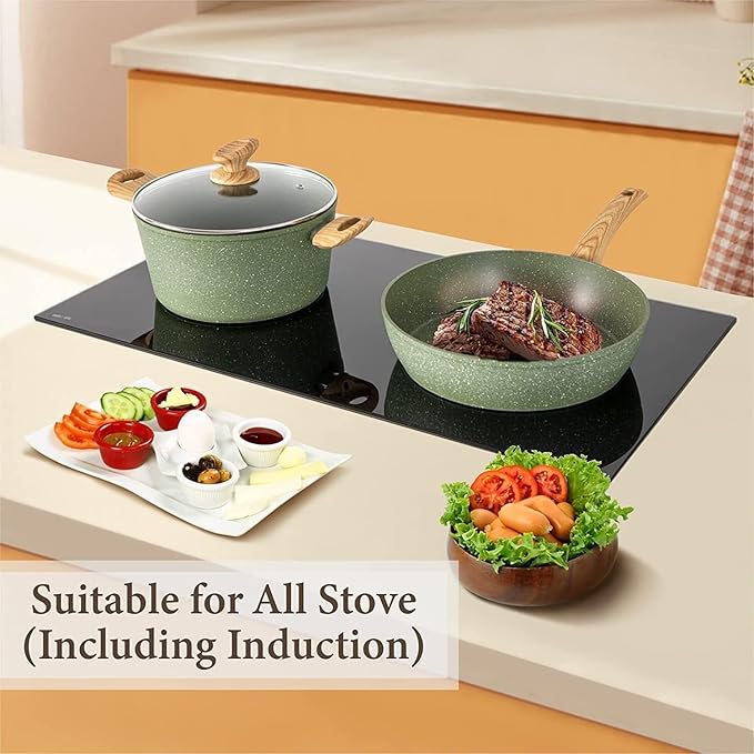 12 Pieces Kitchen Pots &amp Pans Set Nonstick Cookware Set Granite Coated Green