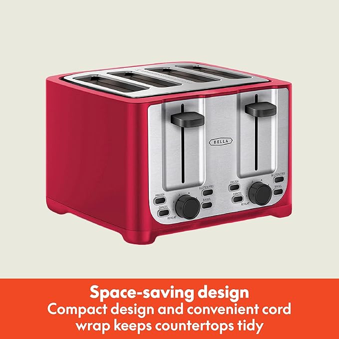 bella 4 Slice Toaster with Auto Shut Off Extra Wide Slots &amp Removable Crumb Tray and Cancel Defrost &amp Reheat Function Toast Bread &amp Bagel Red