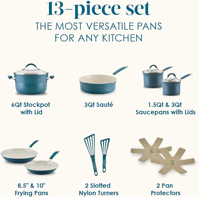 Rachael Ray Cucina Ceramic Cookware Set - 13 Pieces - Ceramic Pots and Pans Set w/Nonstick Frying Pans Saute Pan Saucepans Stockpot Lids Pan Protectors &amp Cooking Utensils - Marine Blue