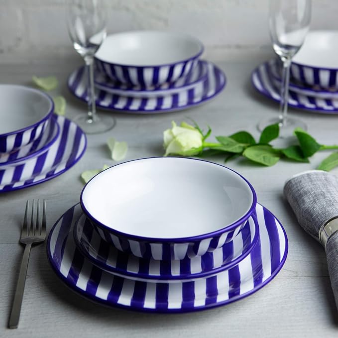 Handmade Dark Navy Blue Stripe Ceramic 12 piece Dinnerware Set | Pottery Tableware Service for 4 | Dinner Plates | Side Plates | Bowls | Housewarming Gift by City to Cottage®