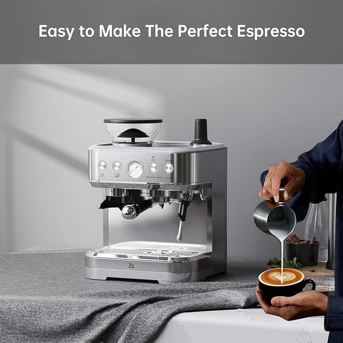 Automatic Coffee Maker Professional Espresso Machine with Grinder Built-in Milk Frother Steam Wand for Cappuccino Latte Macchiato 2.3L Detachable Water Tank Stainless Steel