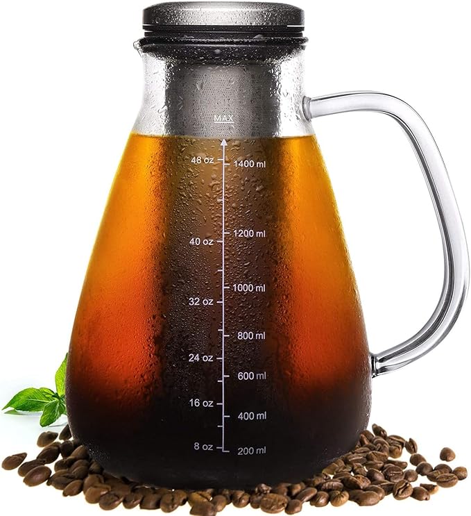Cold Brew Iced Coffee Maker 51oz Brewed Coffee Pot with Removable Double Mesh 304 Stainless Steel Filter BPA-Free Cold Brew Pitcher Glass Container Tea Maker