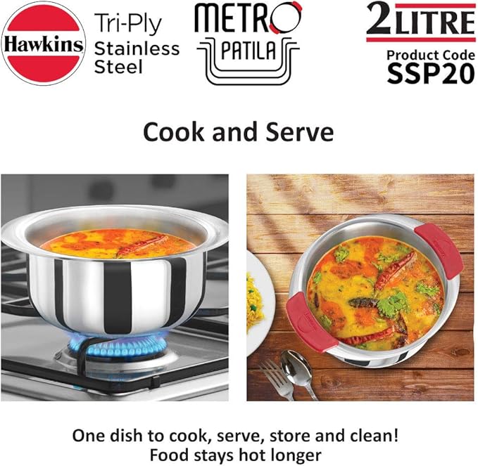Hawkins 2 Litre Metro Patila Triply Stainless Steel Tope Induction Bhagona Tapeli Silver (SSP20)