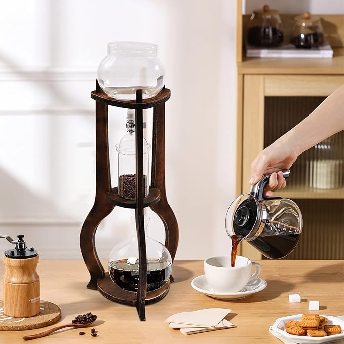 Cold Brew Drip Coffee Maker 600ml/20.29 Ice Coffee Brewer Machine Cold-Drip Coffee Tower with Glass Container Wood Stand for Home Office