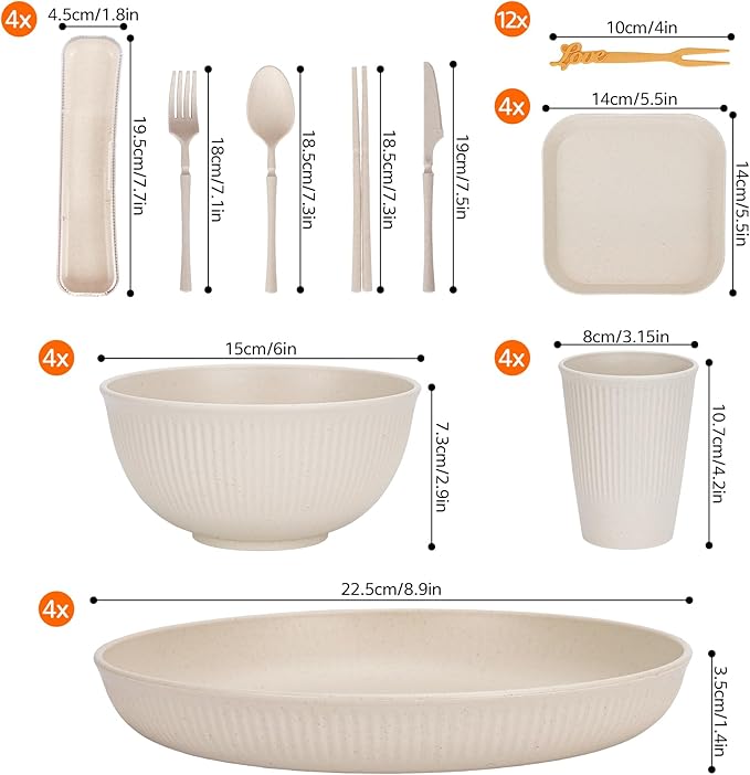 48 Pcs Dinnerware Sets Unbreakable Plates and Bowls Sets Reusable Dinnerware Sets for 4 People Travel Camping Picnic Home Party Cutlery Set Dishwasher Microwave Safe Dishes