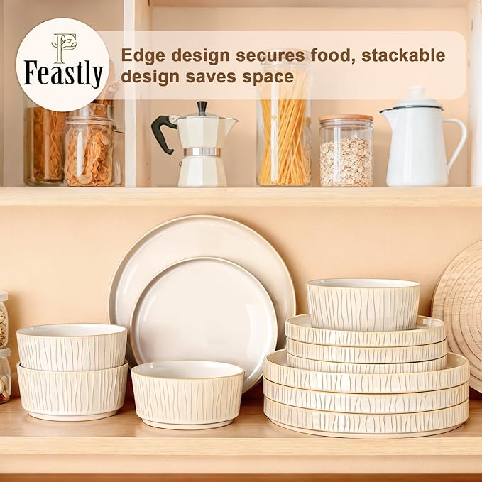 Stoneware Dinnerware Sets for 4 12 Pcs Ribbed Reactive Glaze Ceramic Plates and Bowls Sets Chip Resistant Microwave Dishwasher Safe Dish Set Housewarming Gifts Cappuccino White