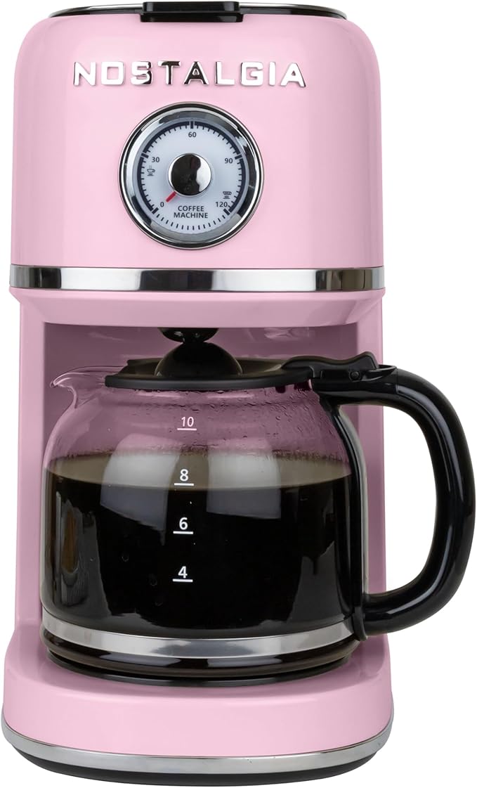 Nostalgia Classic Retro 10 Cup Coffee Maker - One-Touch Drip Brew Reusable Filter - Anti-Drip Auto Shutoff &amp Time Display - Dishwasher Safe 50 oz Carafe - Pink
