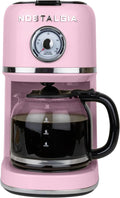 Nostalgia Classic Retro 10 Cup Coffee Maker - One-Touch Drip Brew Reusable Filter - Anti-Drip Auto Shutoff &amp Time Display - Dishwasher Safe 50 oz Carafe - Pink