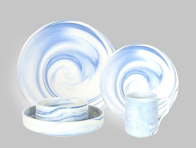 Fine China Artisan Marbled 20pc Dinner Set Blue