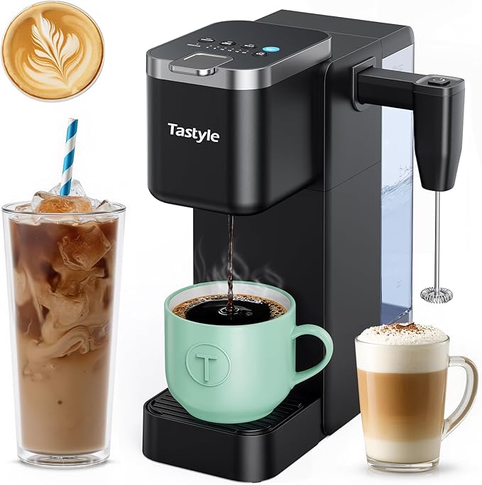 Single Serve Coffee Maker with Built-in Detachable Milk Frother Iced and Hot Coffee Machine for K Cup &amp Grounds 40oz Removable Water Reservoir 6 Cup Sizes Fits 7.3 Travel Mug Black